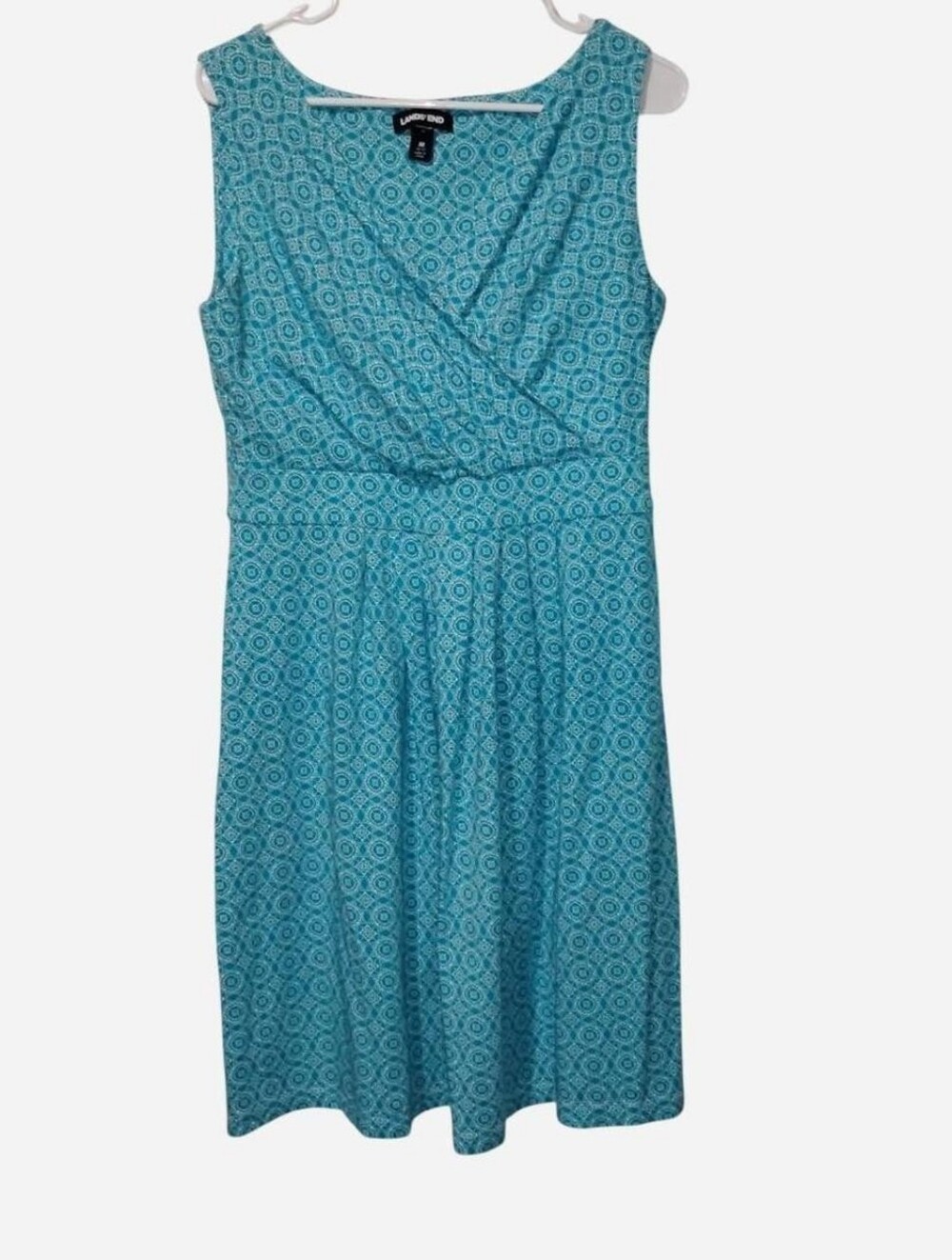 Lands' End Women's Medium Teal Geometric Faux Wrap Sleeveless Dress, Medium